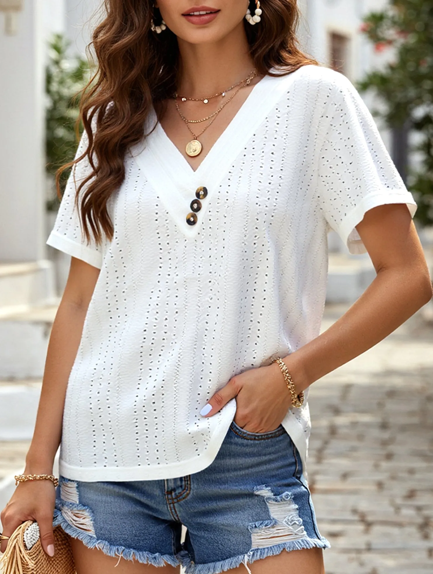 Ribbed Knit Fabric Temperament Casual Solid Color V-Neck Blouse ??Lightweight Summer Top for Women