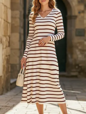 Quick Drying Fresh Stitch Long-sleeved striped print V-neck pullover dress