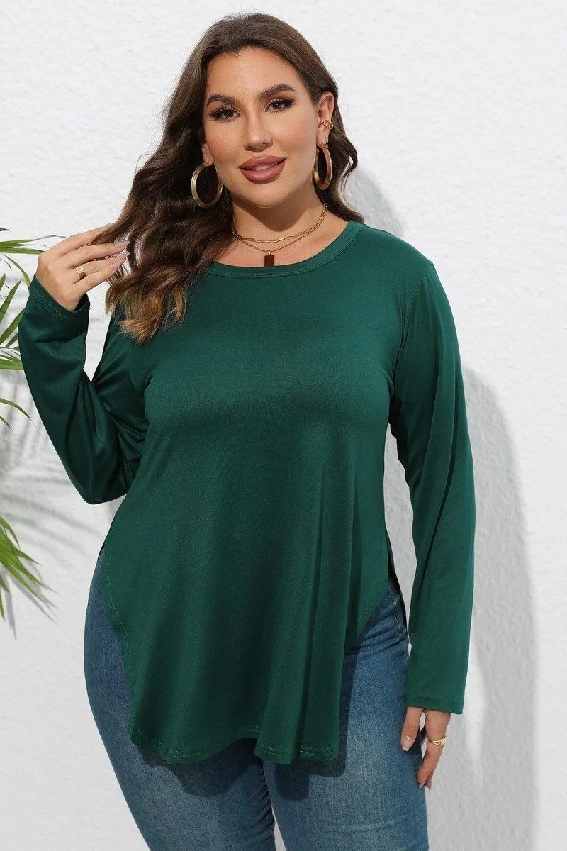 WOMEN PLUS SIZE SIDE SLIT LONG SLEEVE T SHIRT NonIrritating Stitching