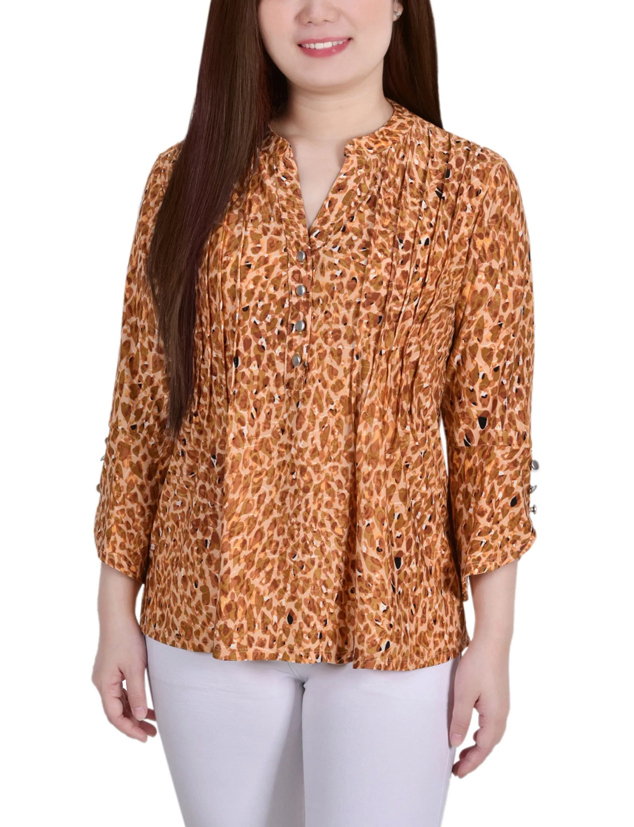 Button Down Collar Versatile Layering Piece 3/4 Sleeve Overlapped Bell Sleeve Y Neck Top