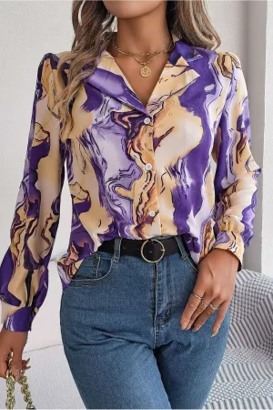 Breathable Linen Blend NoSlipGripperBand WOMEN MARBLE PATTERNED BUTTON DOWN OFFICE BLOUSE