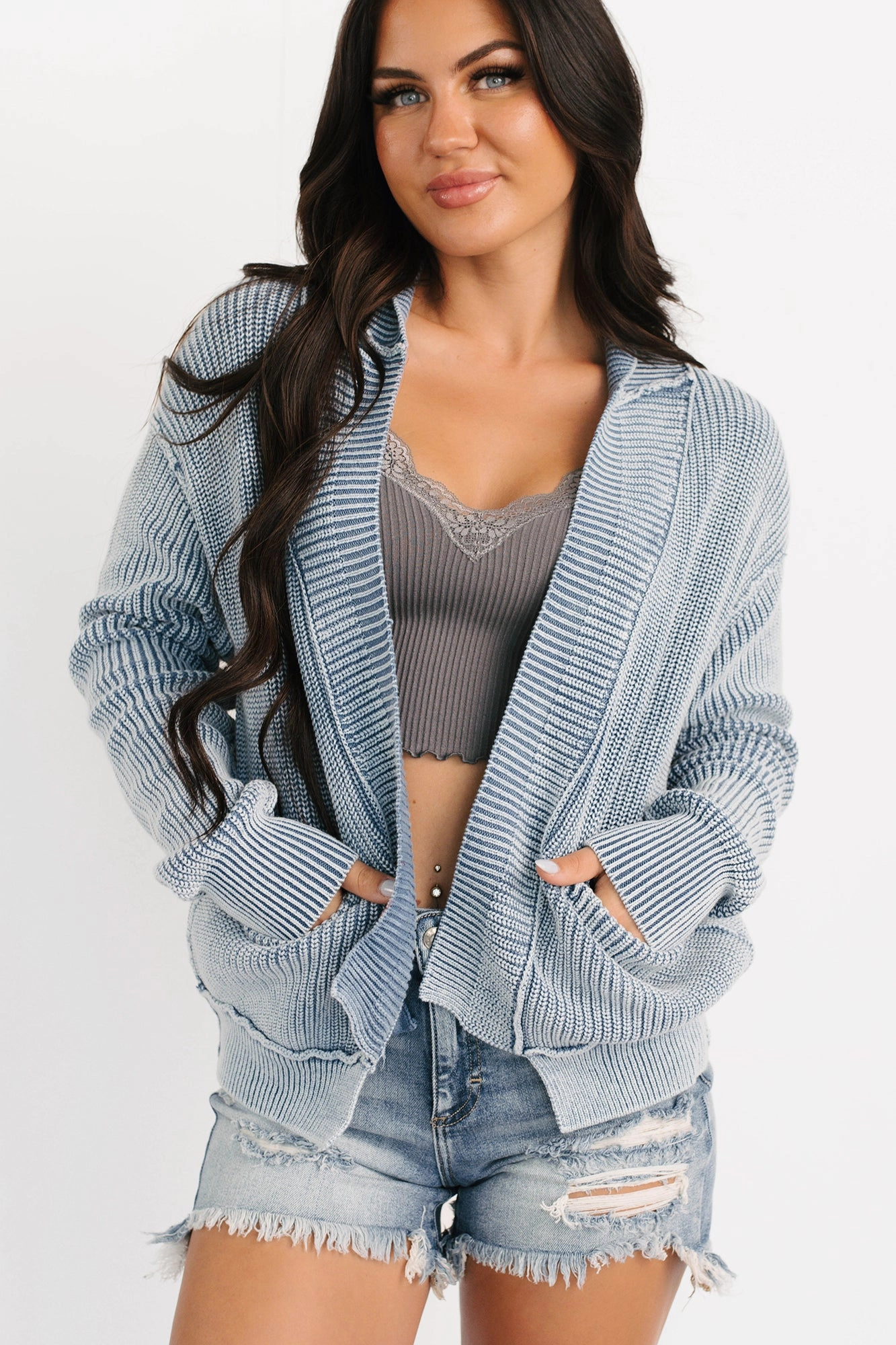 Dream Wear Zenana Washed Knit Cardigan (Dusty Blue) Tailored Seams BreathableMeshInsert