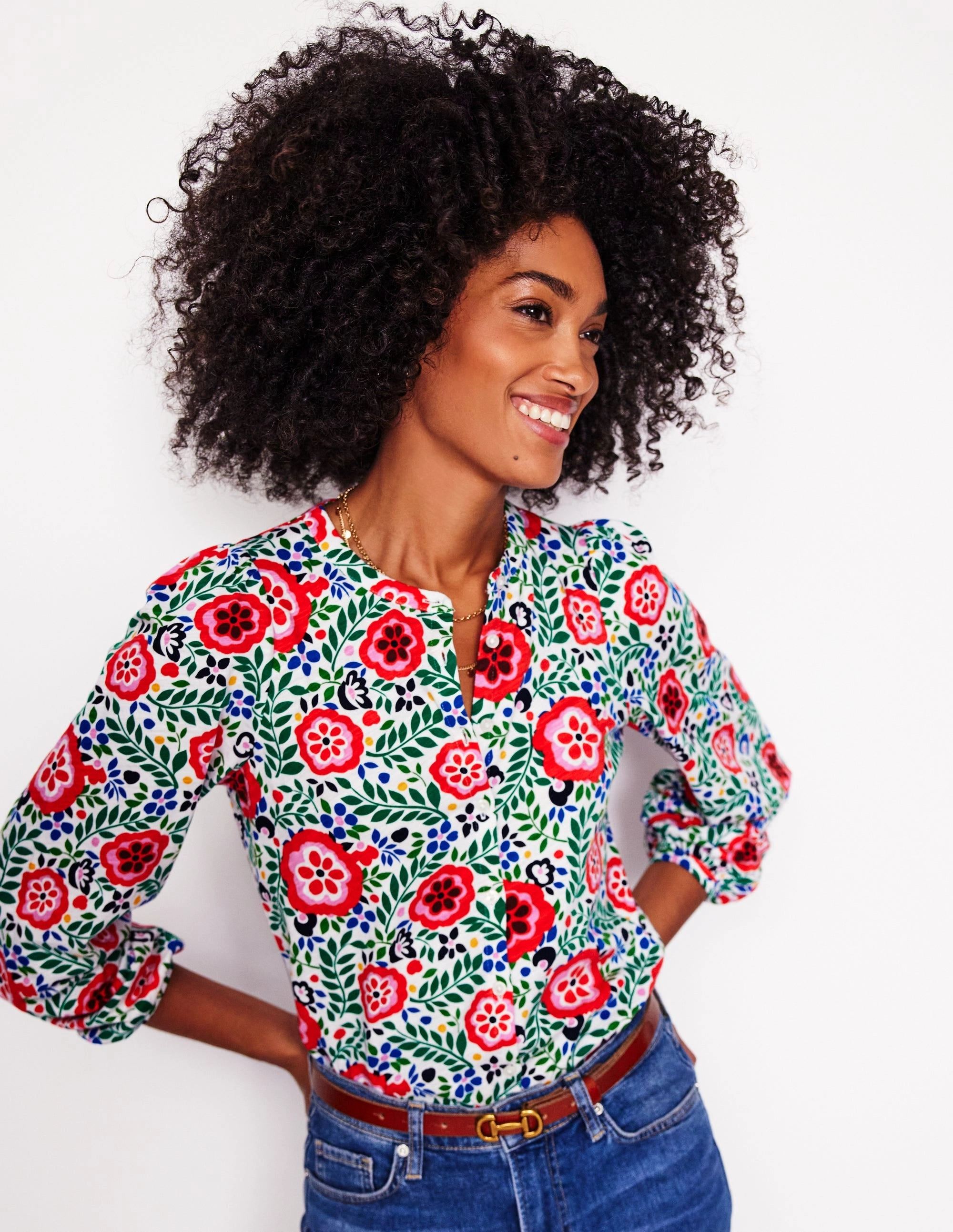 StretchComfortDesign Loose Blouse Marina Jersey Shirt-Multi, Foliage Scatter