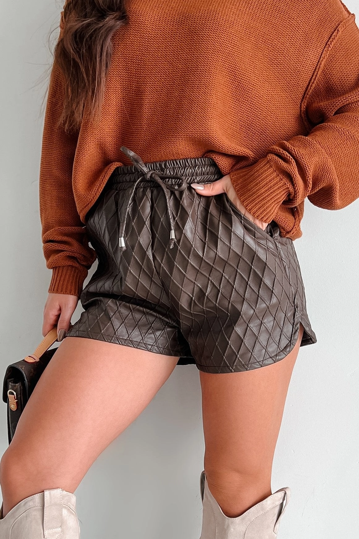 Easy Fit Stop Pretending Faux Leather Quilted Texture Shorts (Chocolate)