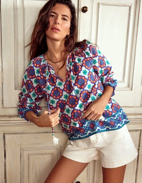 YarnDyed Stripes Reinforced Seams Easy Cotton Blouse-Bright Blue, Bloom Geo