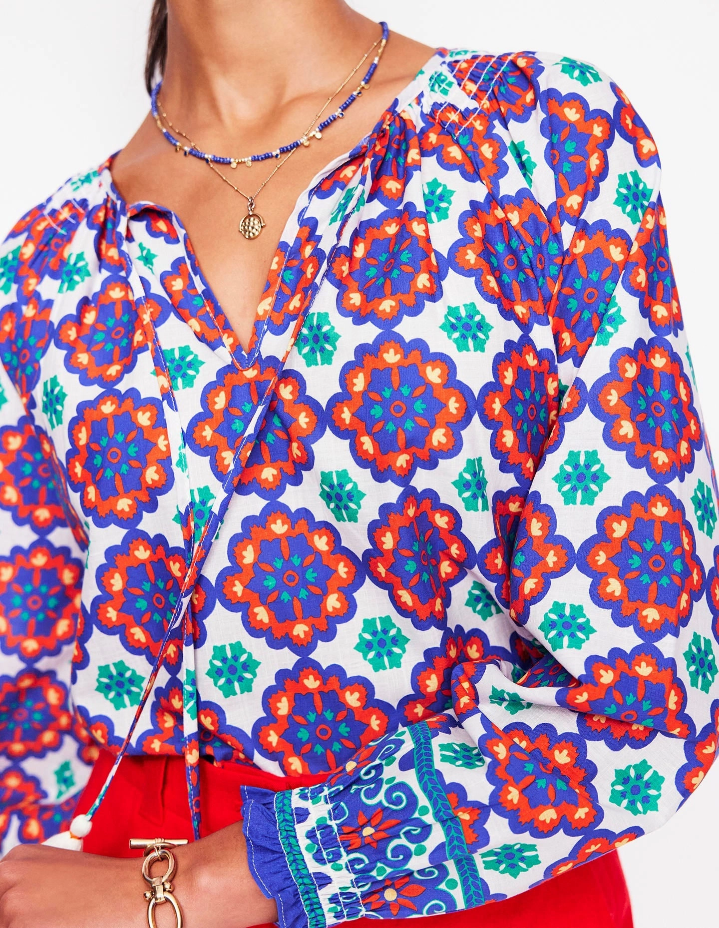 Easy Cotton Blouse-Bright Blue, Bloom Geo Two Tone Texture Effect