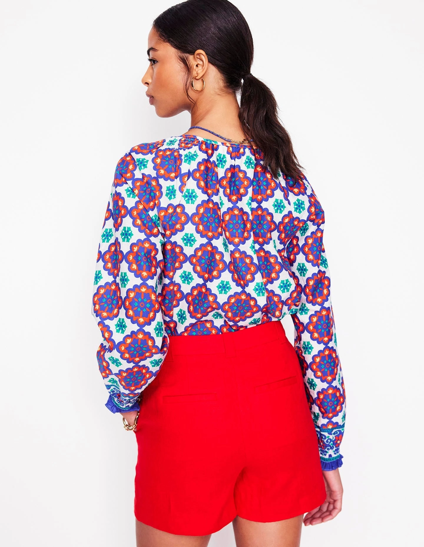 Quick Dry Feature Easy Cotton Blouse-Bright Blue, Bloom Geo