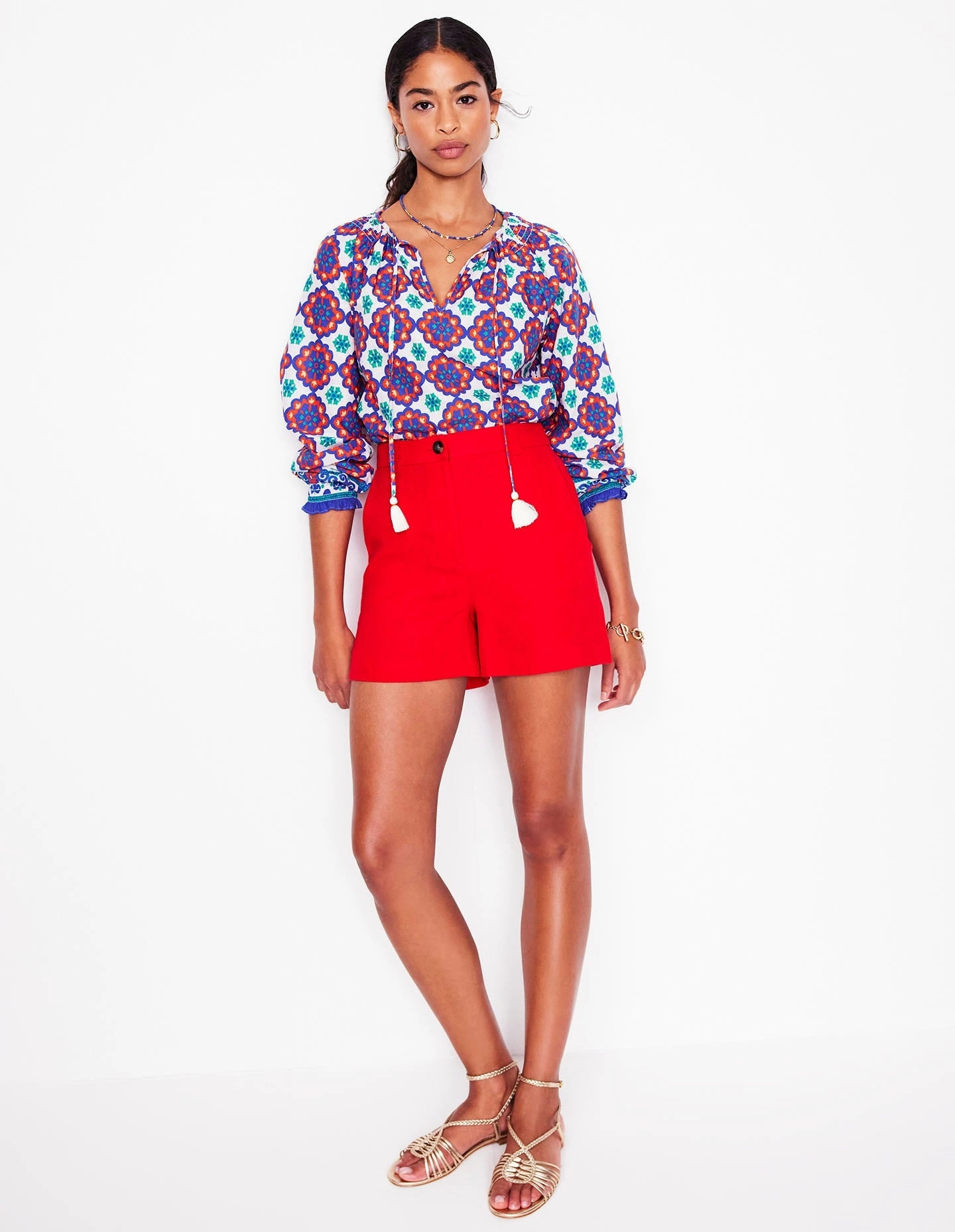 High Collar Protection Design Hypoallergenic fabric Easy Cotton Blouse-Bright Blue, Bloom Geo