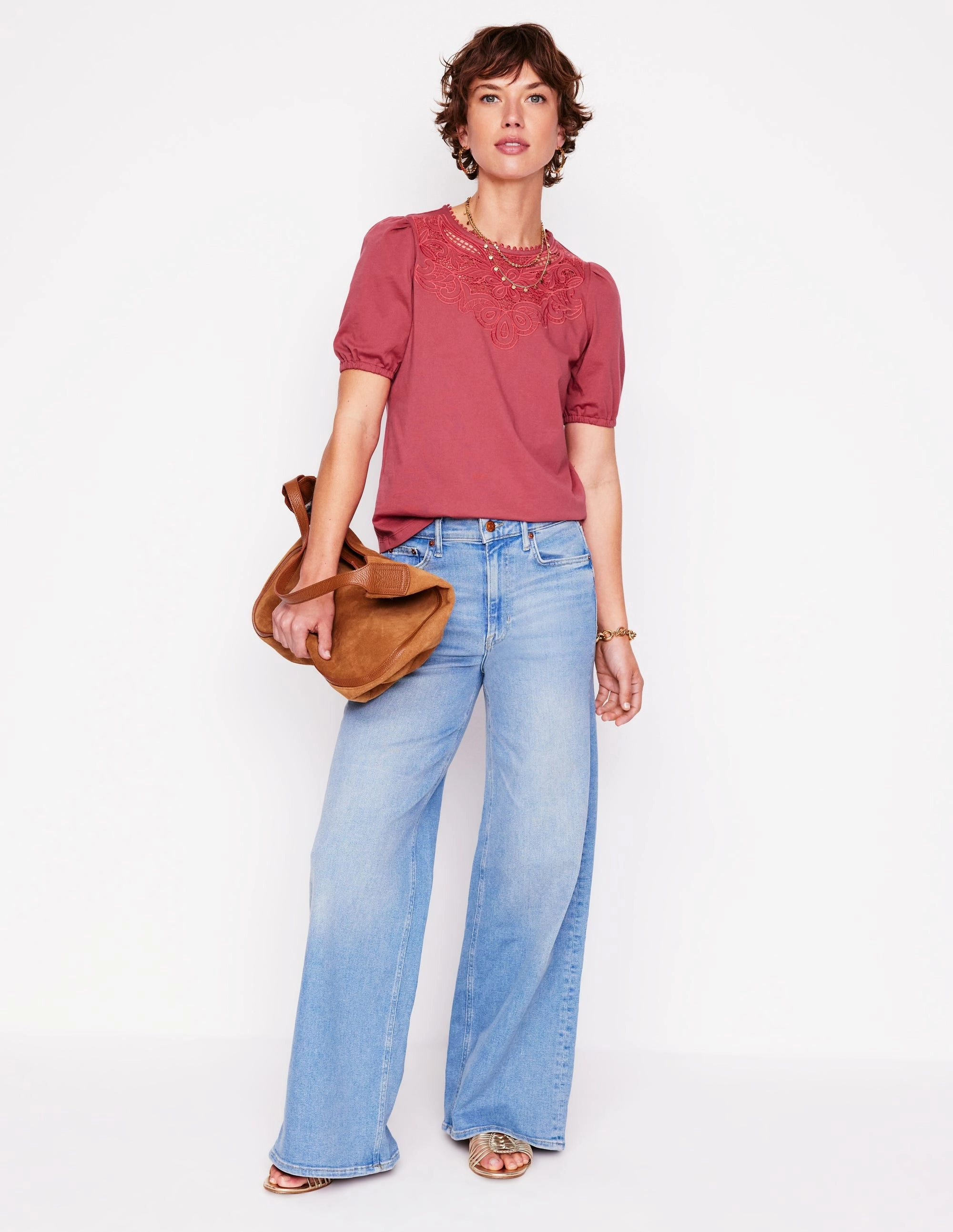 Cutwork Puff Sleeve T-Shirt-Teracotta Contemporary Cut