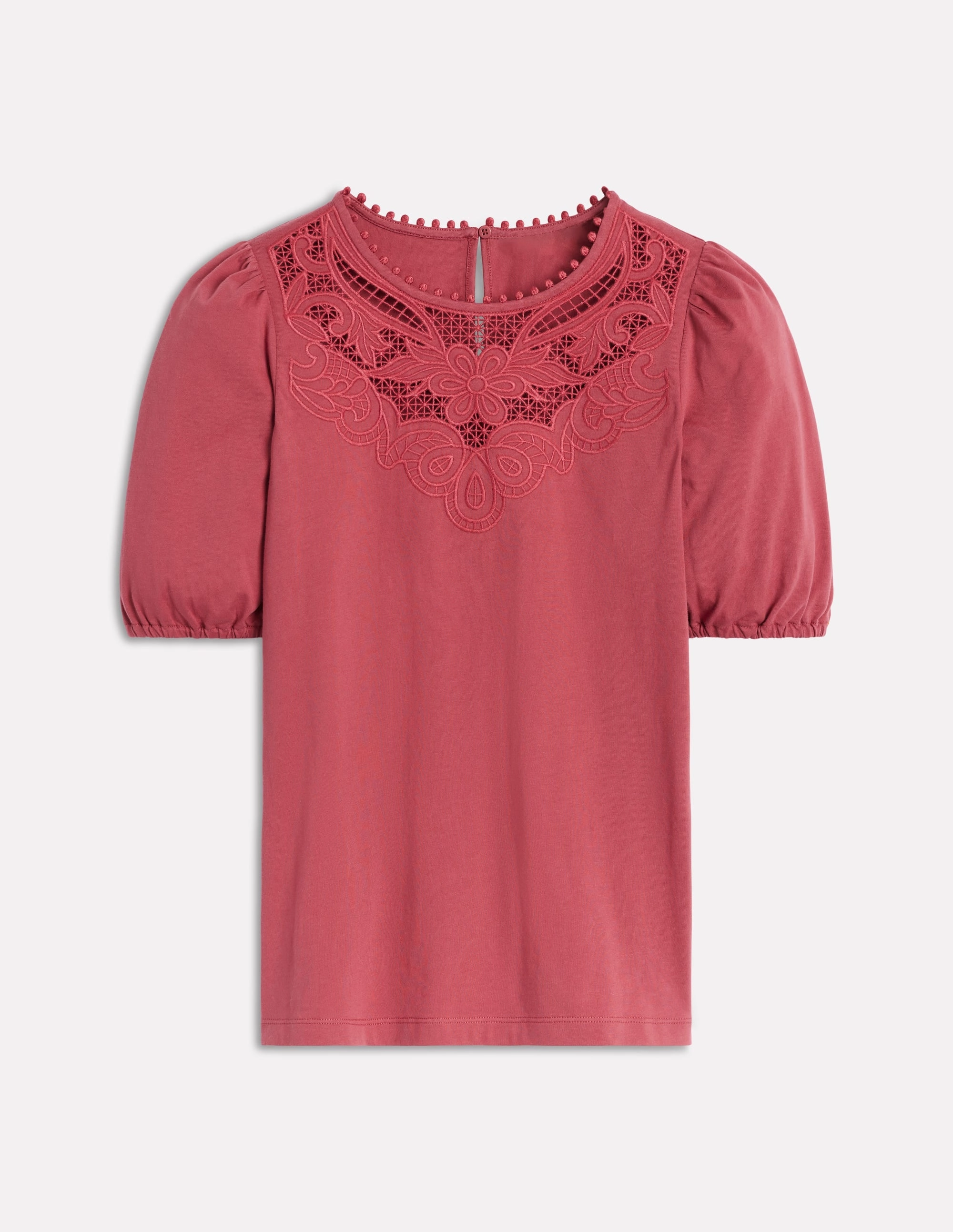 Multi Pocket Functional Design Cutwork Puff Sleeve T-Shirt-Teracotta