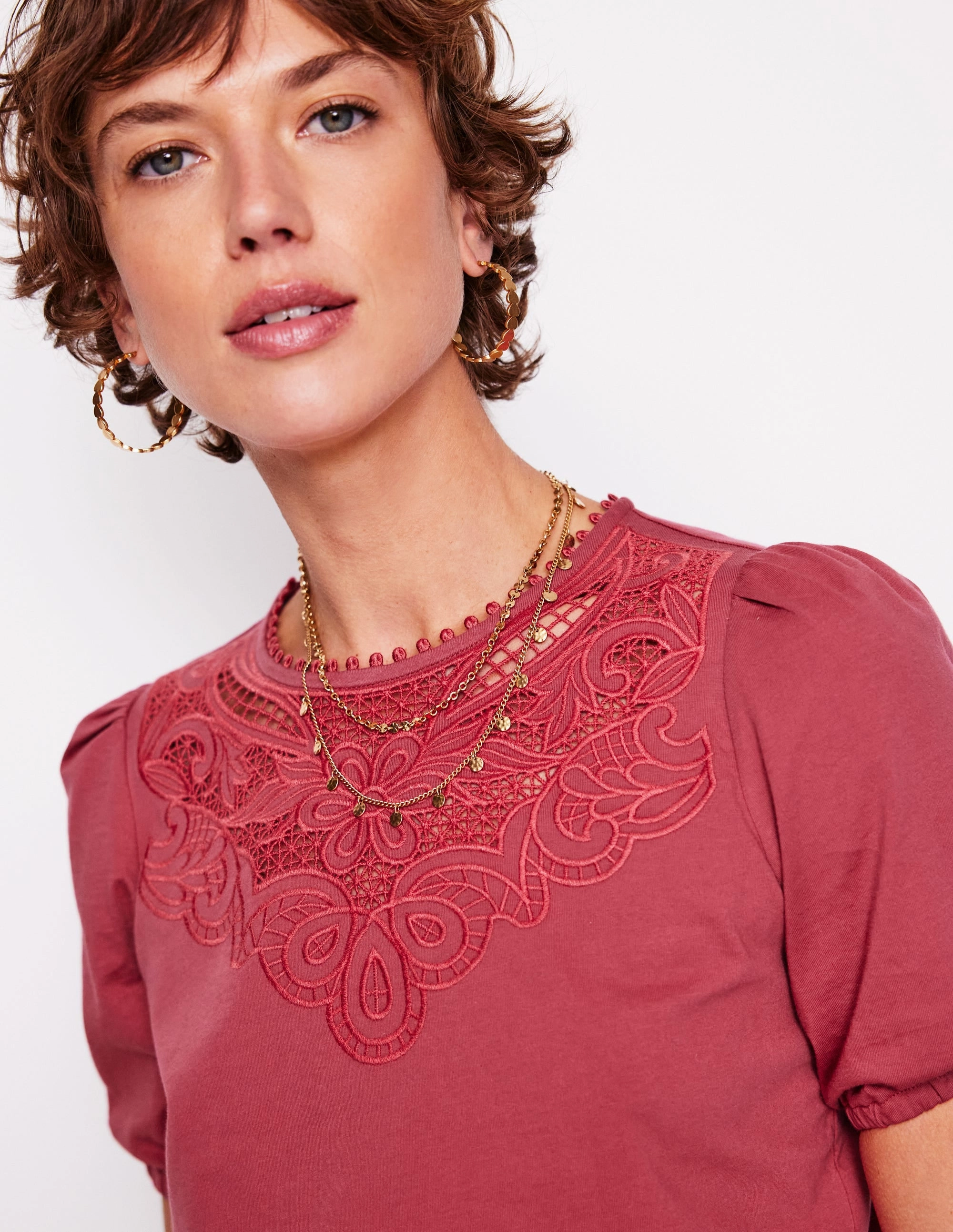 Cutwork Puff Sleeve T-Shirt-Teracotta Odor Resistant Coating OdorResistant Technology