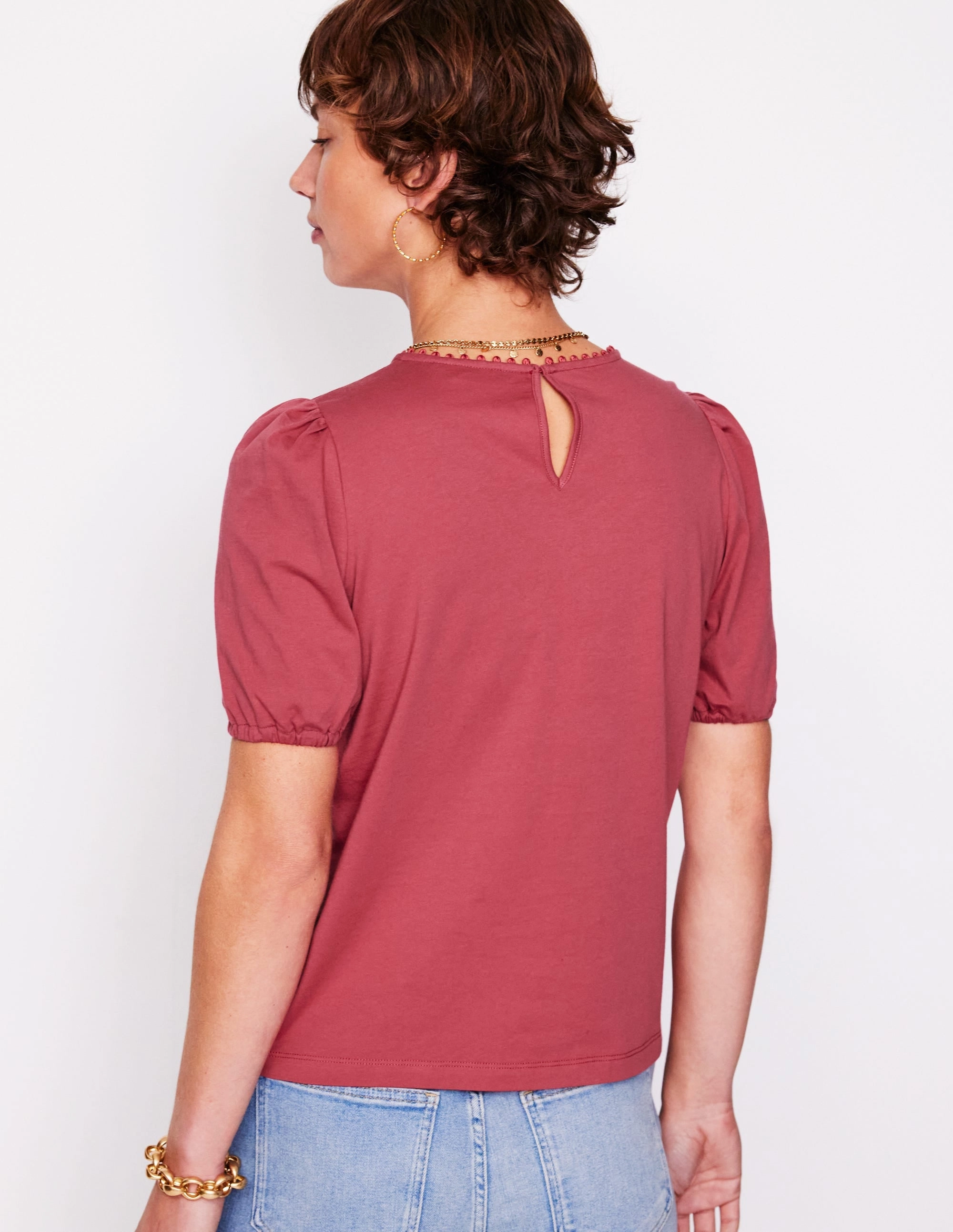 Cutwork Puff Sleeve T-Shirt-Teracotta casual top