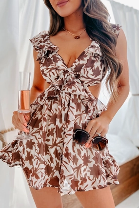 Misa Natural Print Ruffle Romper (Brown) UltraSoft Lining