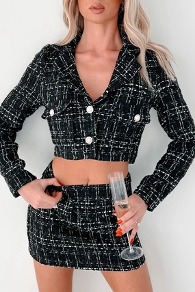 Mergers & Acquisitions Tweed Crop Blazer (Black) Secure Closure Systems Layered Collar