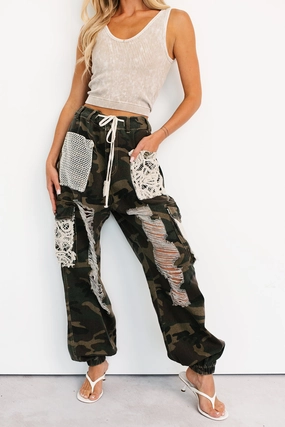 Multi Directional Mobility Odor Control Finish On Duty Cutie Distressed Cargo POL Joggers (Camo)