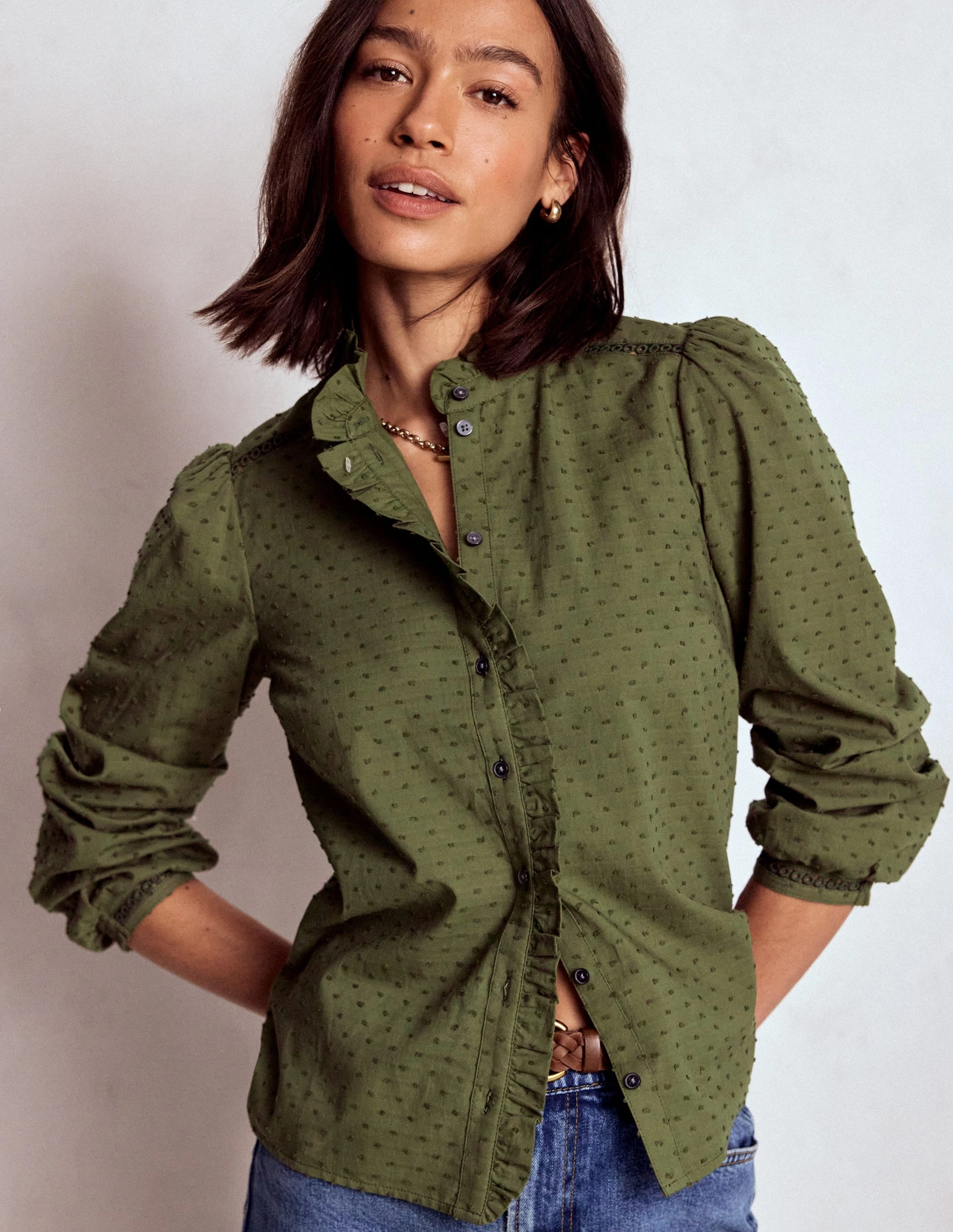 Helena Cotton Dobby Top-Woodland Green Hydrophobic Threadwork
