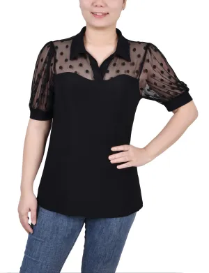 Tagless Neckline Petite Short Sleeve Top With Dotted Mesh