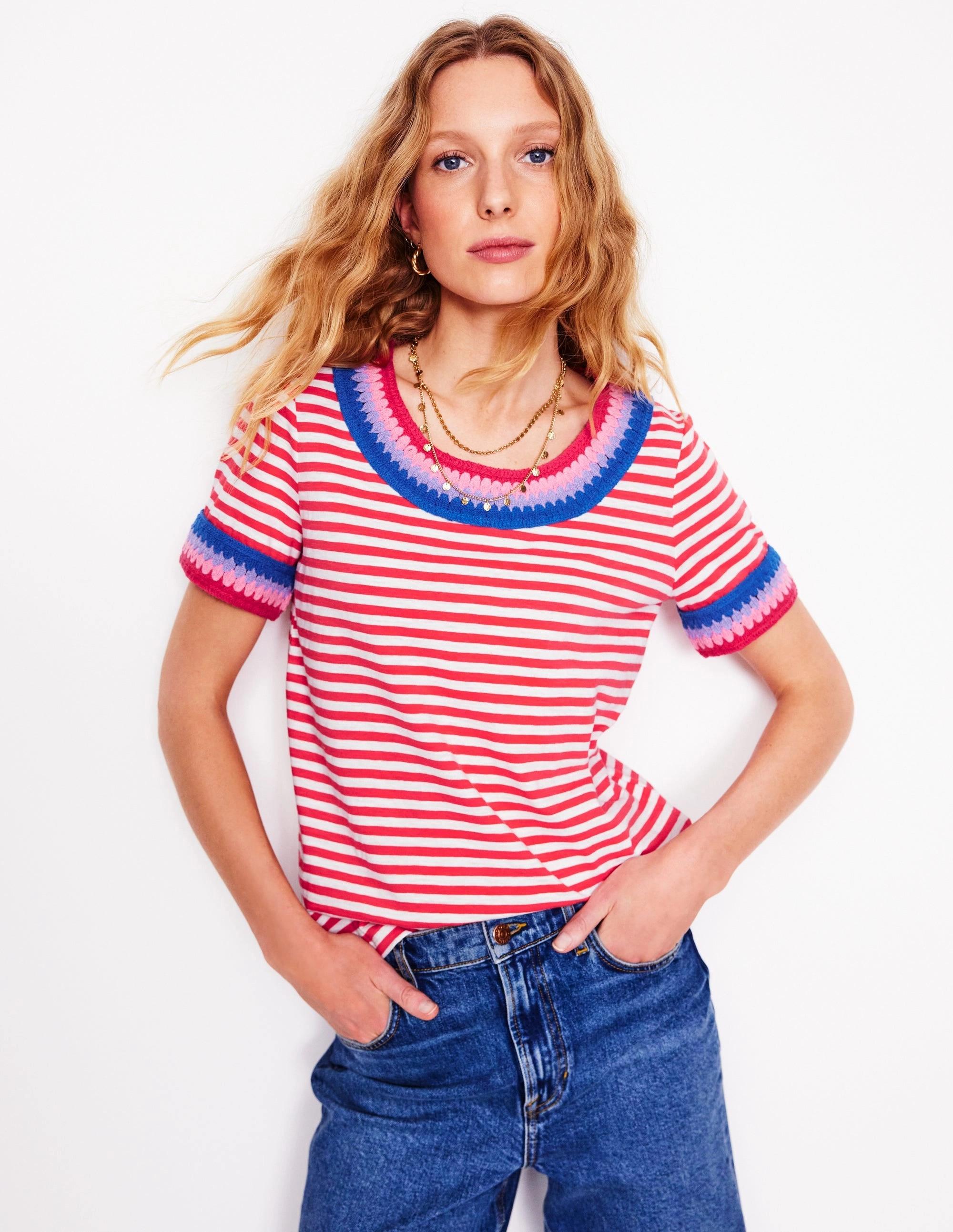 RibbedTrim Fae Crochet T-shirt-Ivory, Cayenne