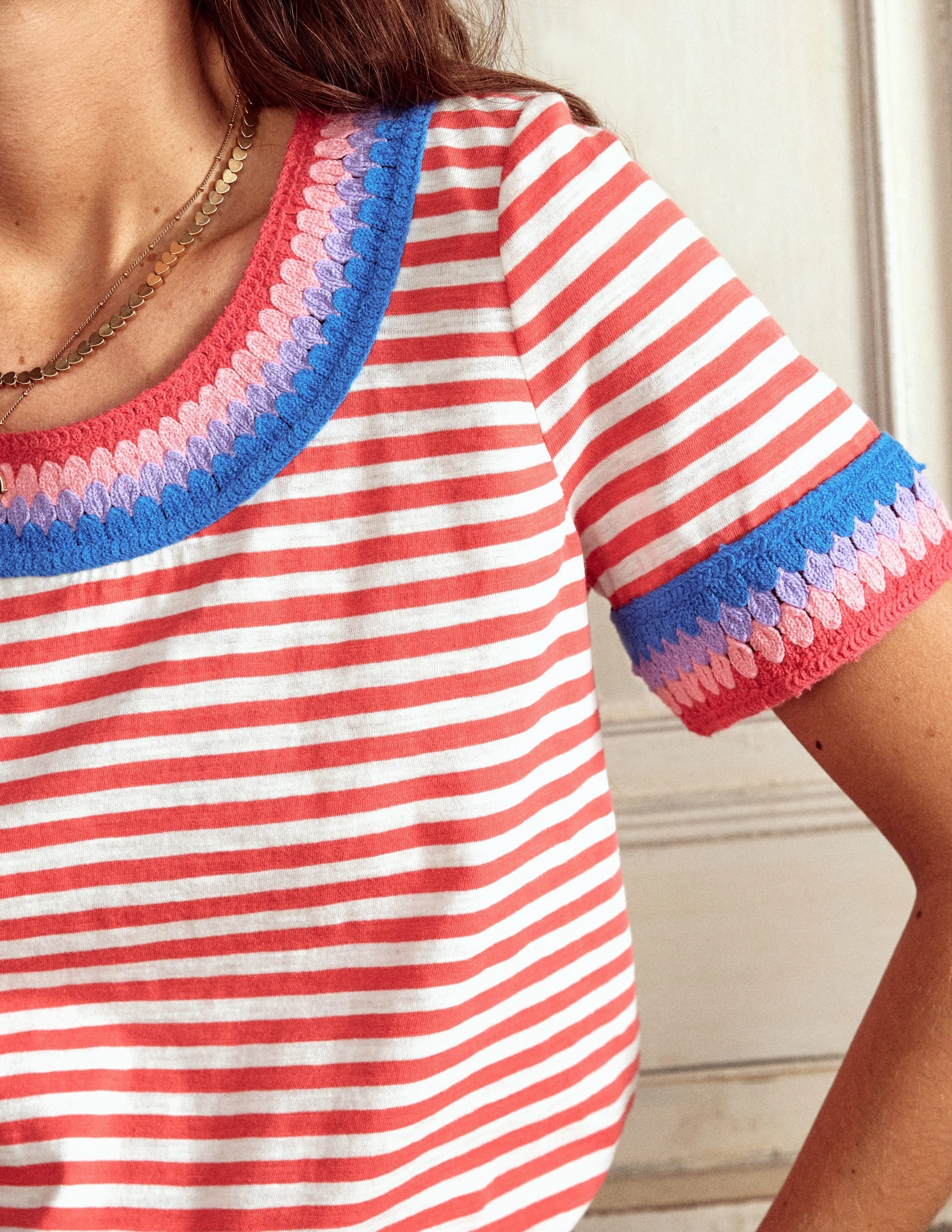 Fae Crochet T-shirt-Ivory, Cayenne RibbedNeckline Sporty Blouse