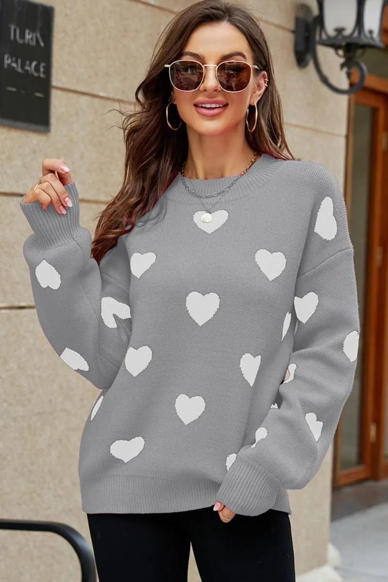 WOMEN HEART PRINTING CUTE PULL OVER SWEATER GarmentWashed Texture
