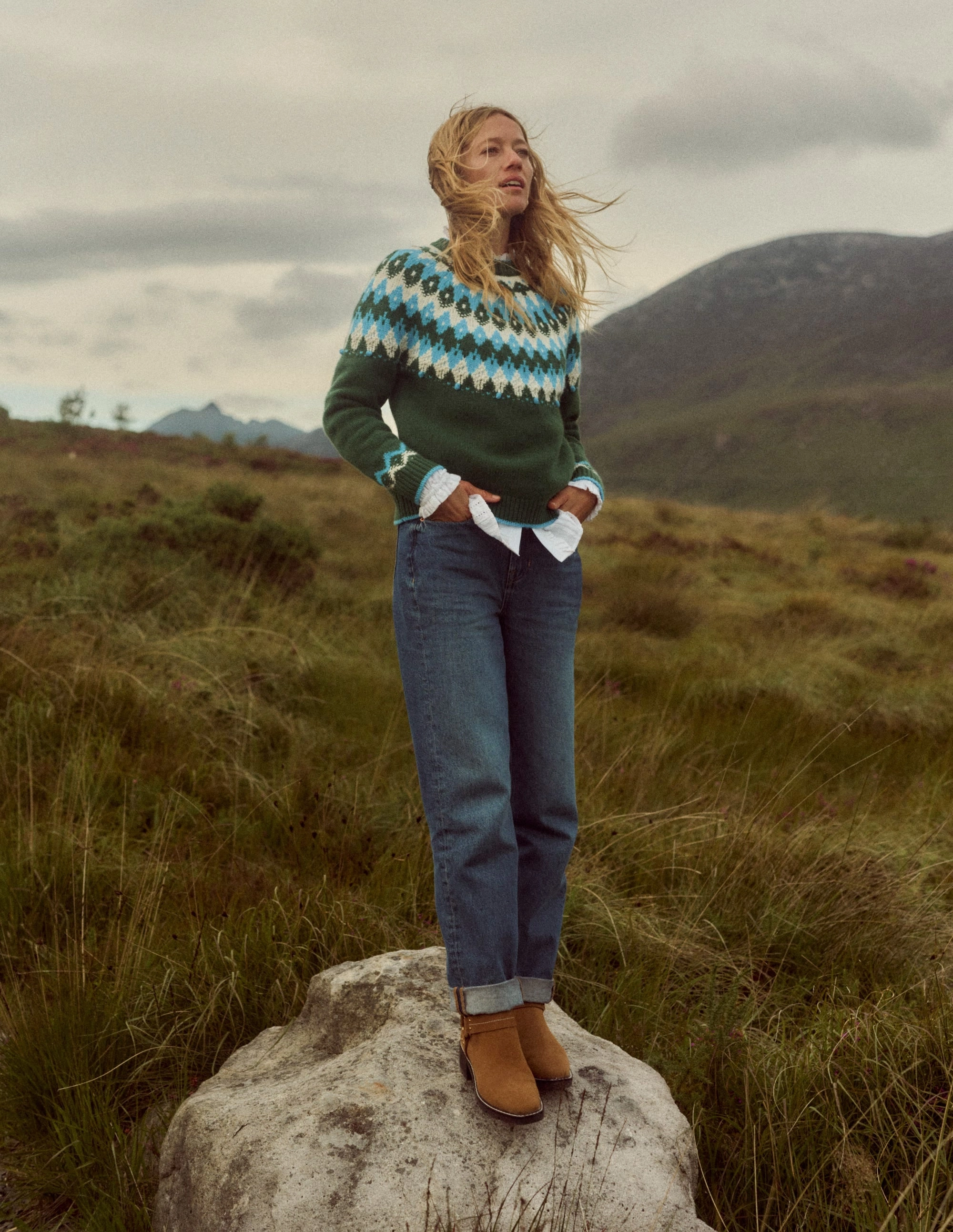 Soft Drape Eleanor Fair Isle Jumper-Pine Green