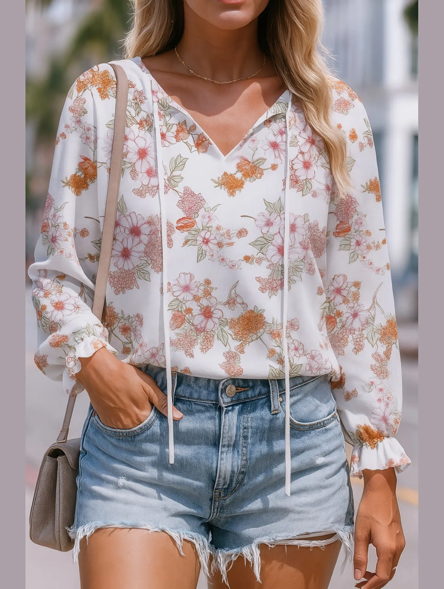 Fitted Tank Floral Printed V-Neck Shirt ??Lightweight Elegant Women's Top