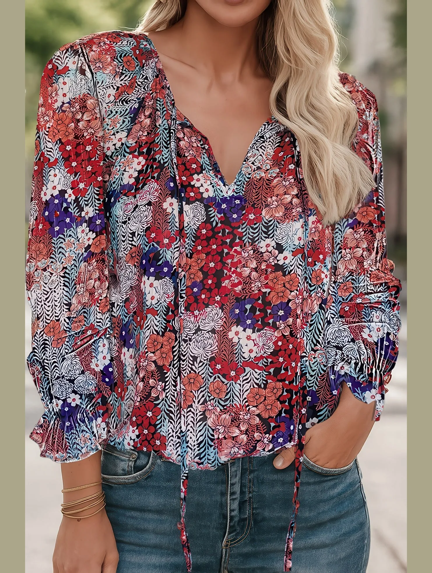 Floral Printed V-Neck Shirt ??Lightweight Elegant Women's Top Reflective Accent Trim
