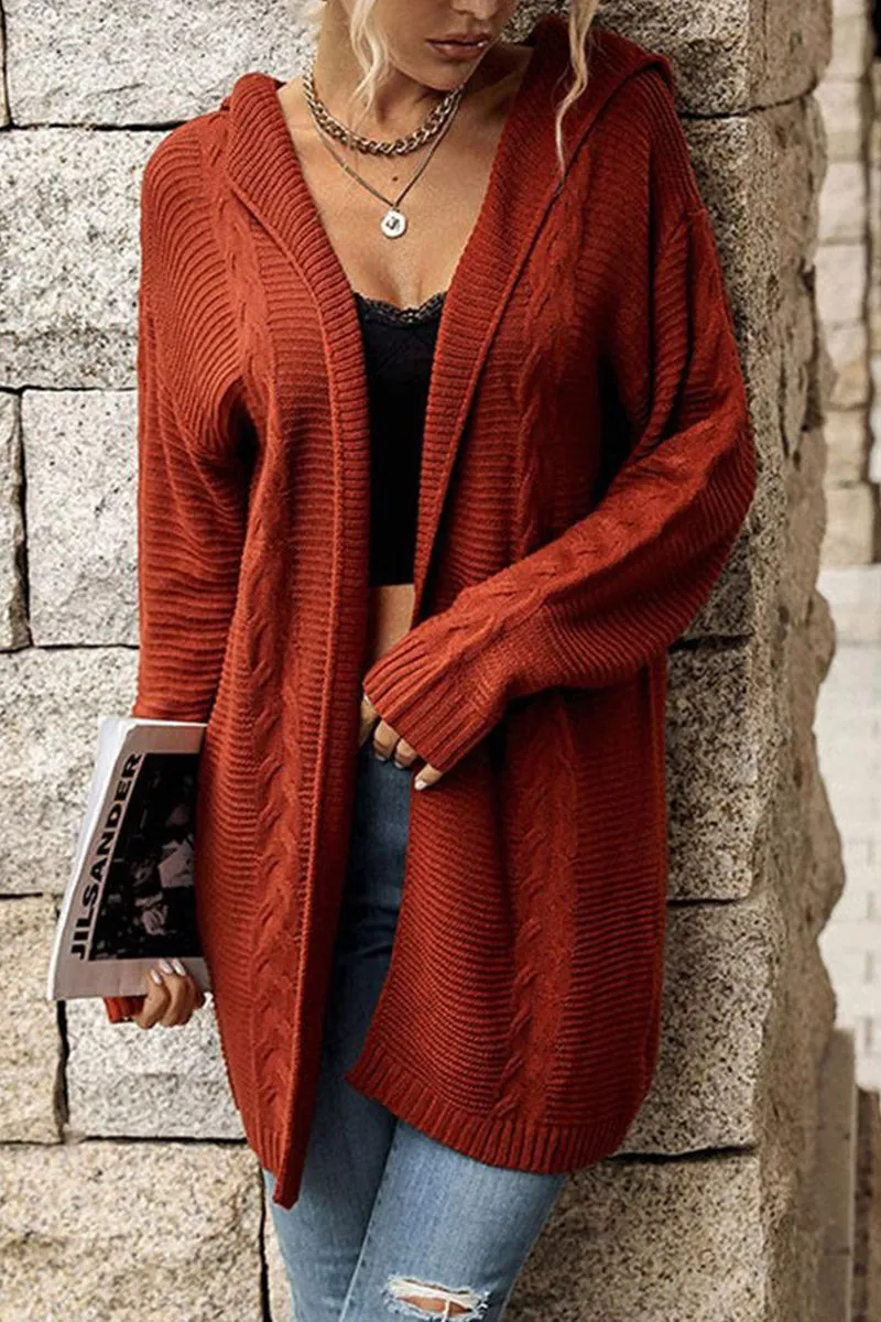 Stretchable Neckline High Collar Design CABLE KNIT CASUAL HOODIE CARDIGAN