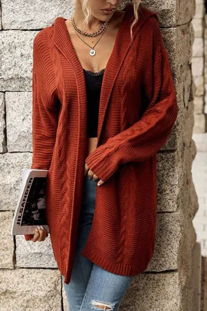 Stretchable Neckline High Collar Design CABLE KNIT CASUAL HOODIE CARDIGAN