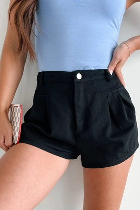 No One To Blame Pleated Denim Shorts (Black) Tagless Labeling
