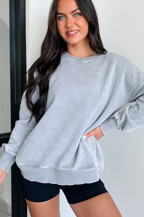 Lazy Version Mineral Wash Zenana Crewneck Sweatshirt (Sleet) Reinforced Hemline MeshPanelIntegration