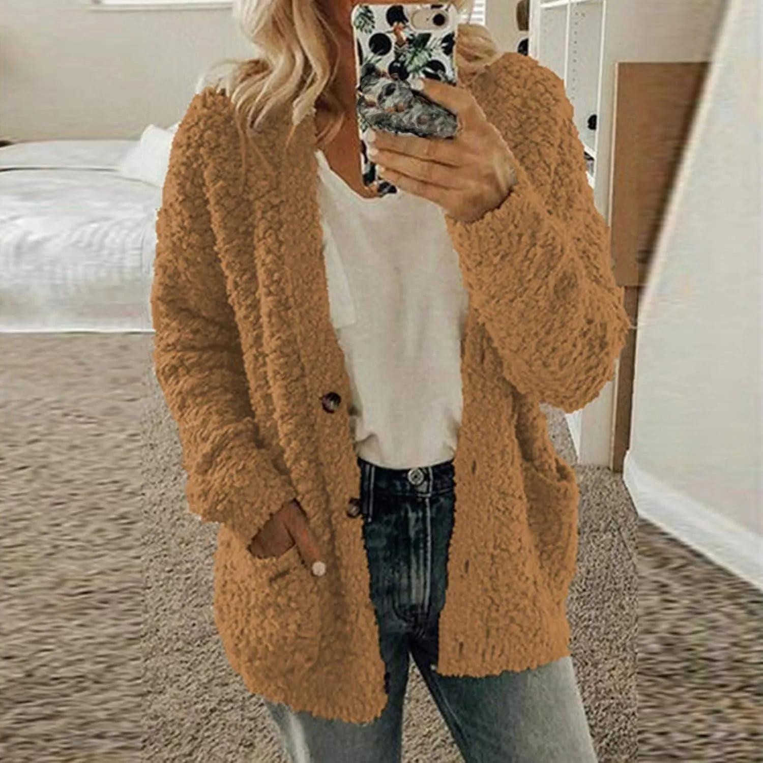 LCMTWX Women Fashion Color Block Faux Shearling Coat Wool Zipper Drawstring Long-Sleeved Hoodie Patchwork Cardigan Coats