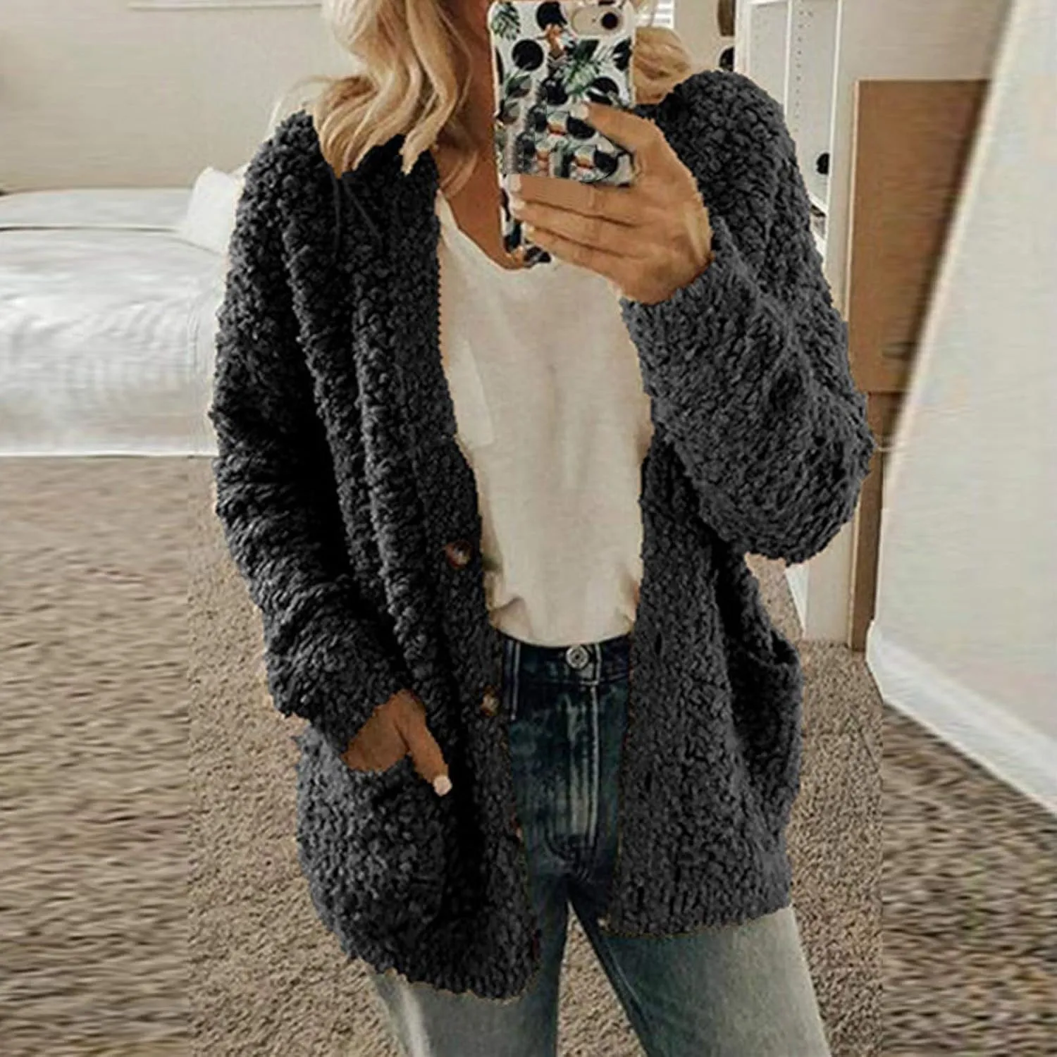 LCMTWX Women's Coats Basic Long Jacket Coat Long Sleeved Jumper with Pockets Winter Coat Women Faux Fur Fur Coats for