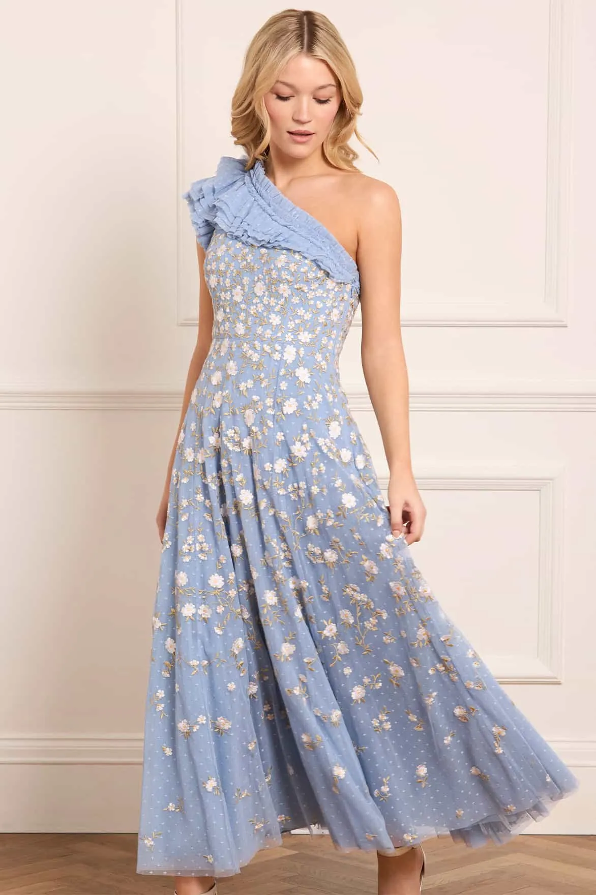Feminine Comfort Lea Ditsy One-Shoulder Ankle Gown