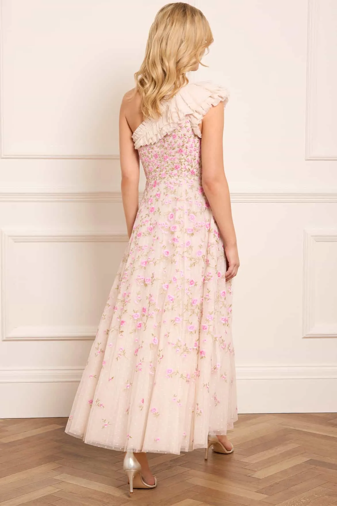 Fashion Option Lea Ditsy One-Shoulder Ankle Gown