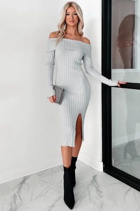 Chic Design Silky Layer Leah Off The Shoulder Sweater Dress (Light Heather Grey)