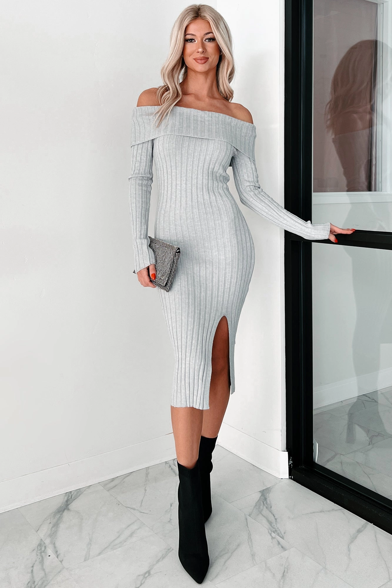 Chic Design Silky Layer Leah Off The Shoulder Sweater Dress (Light Heather Grey)