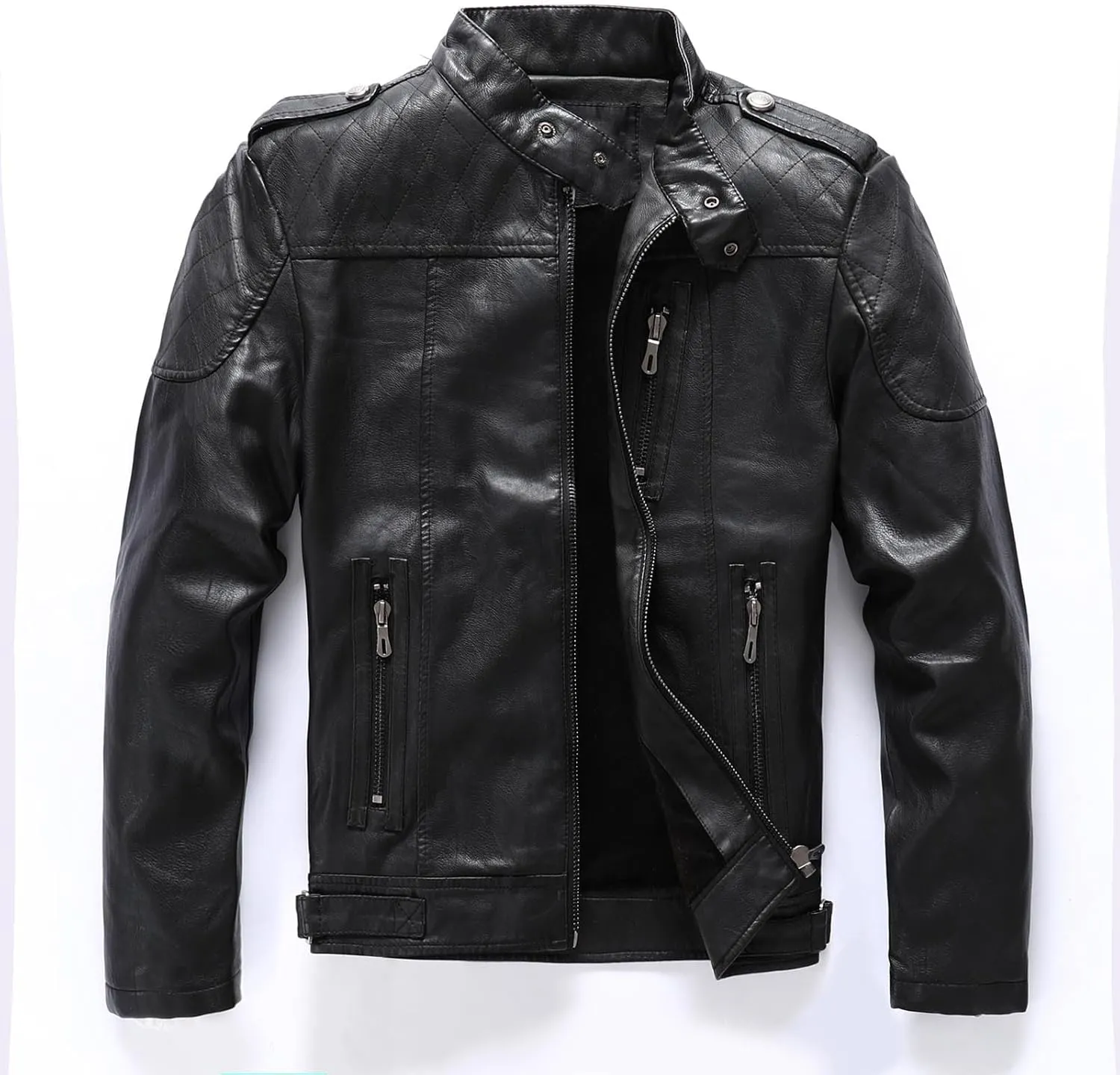 Leather Jacket Men Stand Collar Moto Jacket Zip up Biker Jacket Waterproof Windproof Winter Jacket with Zipper Pocket