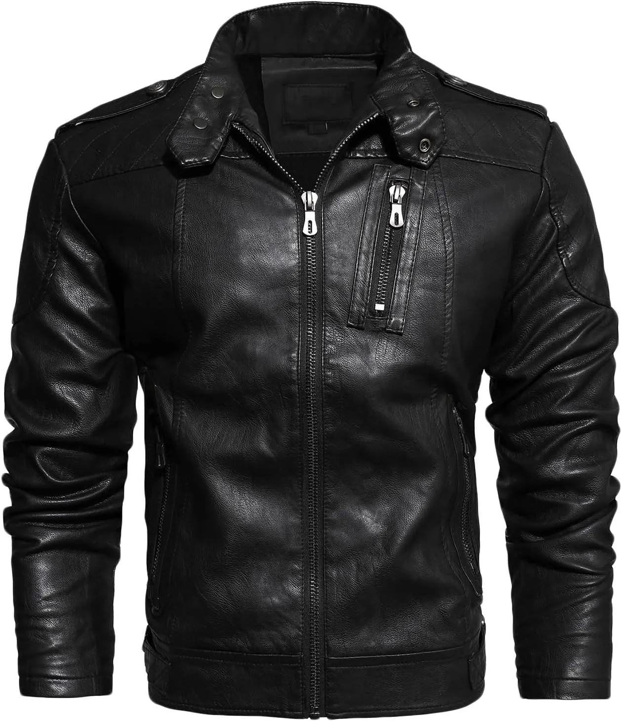 Leather Jacket Men Stand Collar Moto Jacket Zip up Biker Jacket Waterproof Windproof Winter Jacket with Zipper Pocket