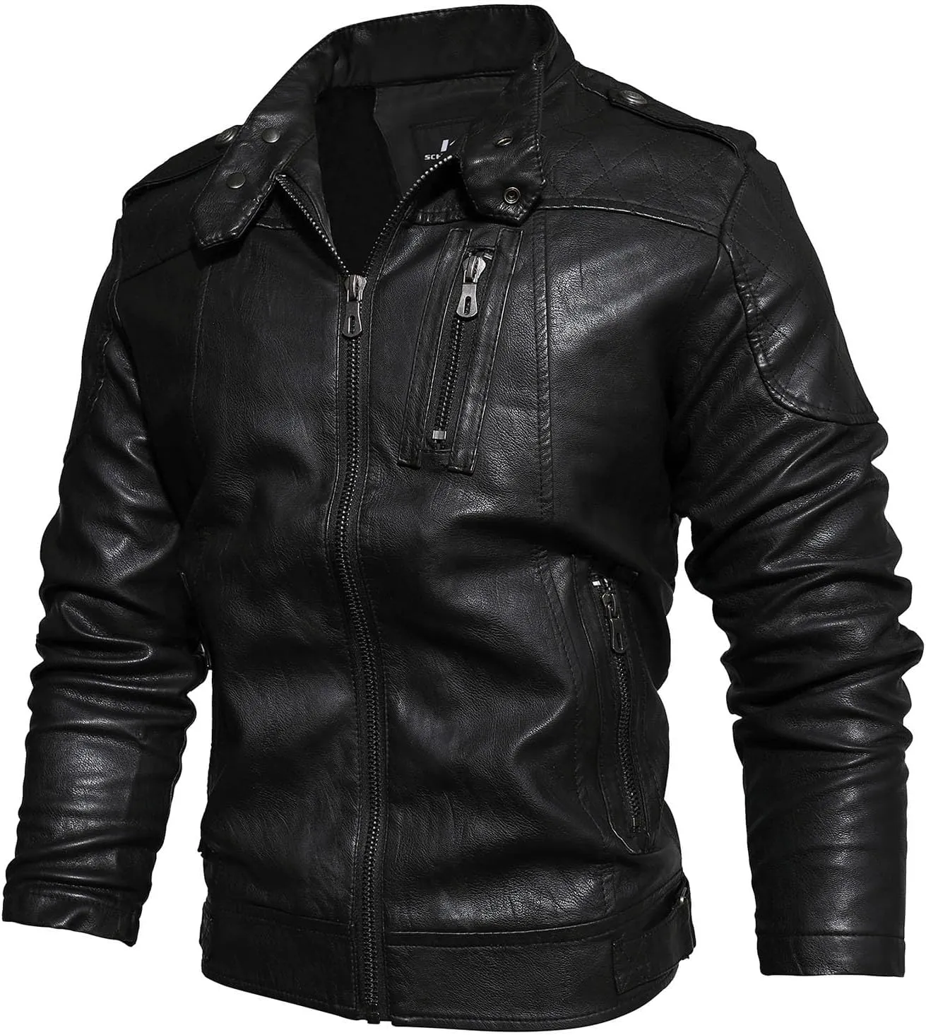 Leather Jacket Men Stand Collar Moto Jacket Zip up Biker Jacket Waterproof Windproof Winter Jacket with Zipper Pocket
