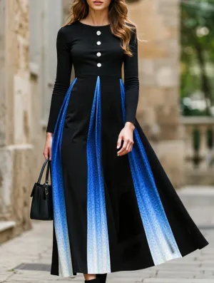Gradient Button Round Neck Long Sleeve Dress TearResistantFabric Cap-Sleeve