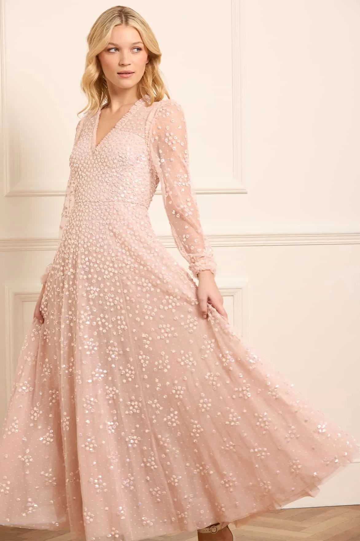 Leila Dot V-Neck Ankle Gown Delicate Lines Vibrant Waist Fit