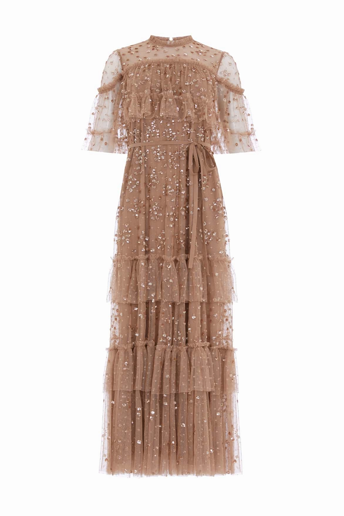 Leila Dot Tiered Cape Ankle Gown Short Sleeve Velvet-Sleeve