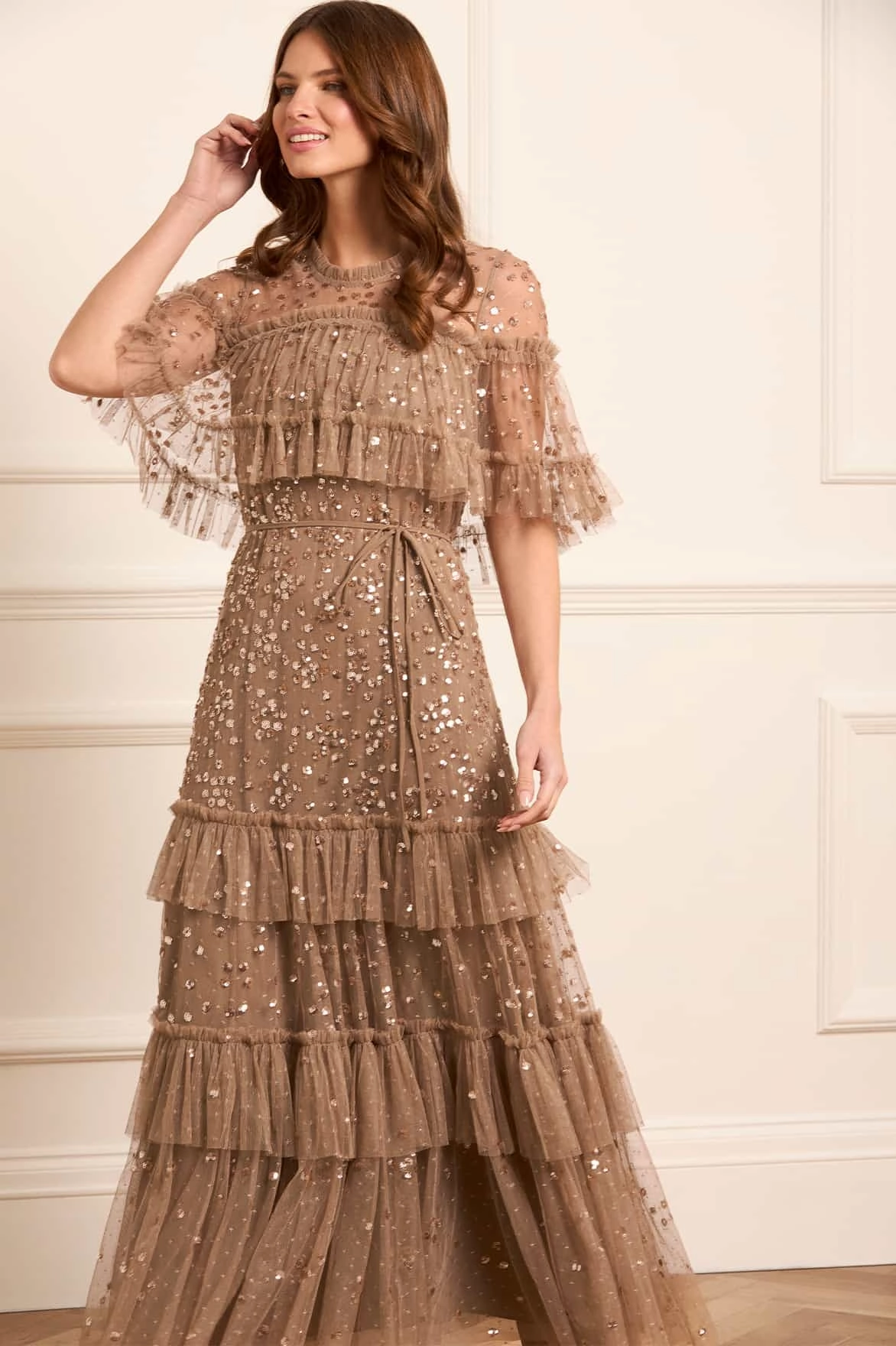 Saturated Hue Flow Friendly Leila Dot Tiered Cape Ankle Gown