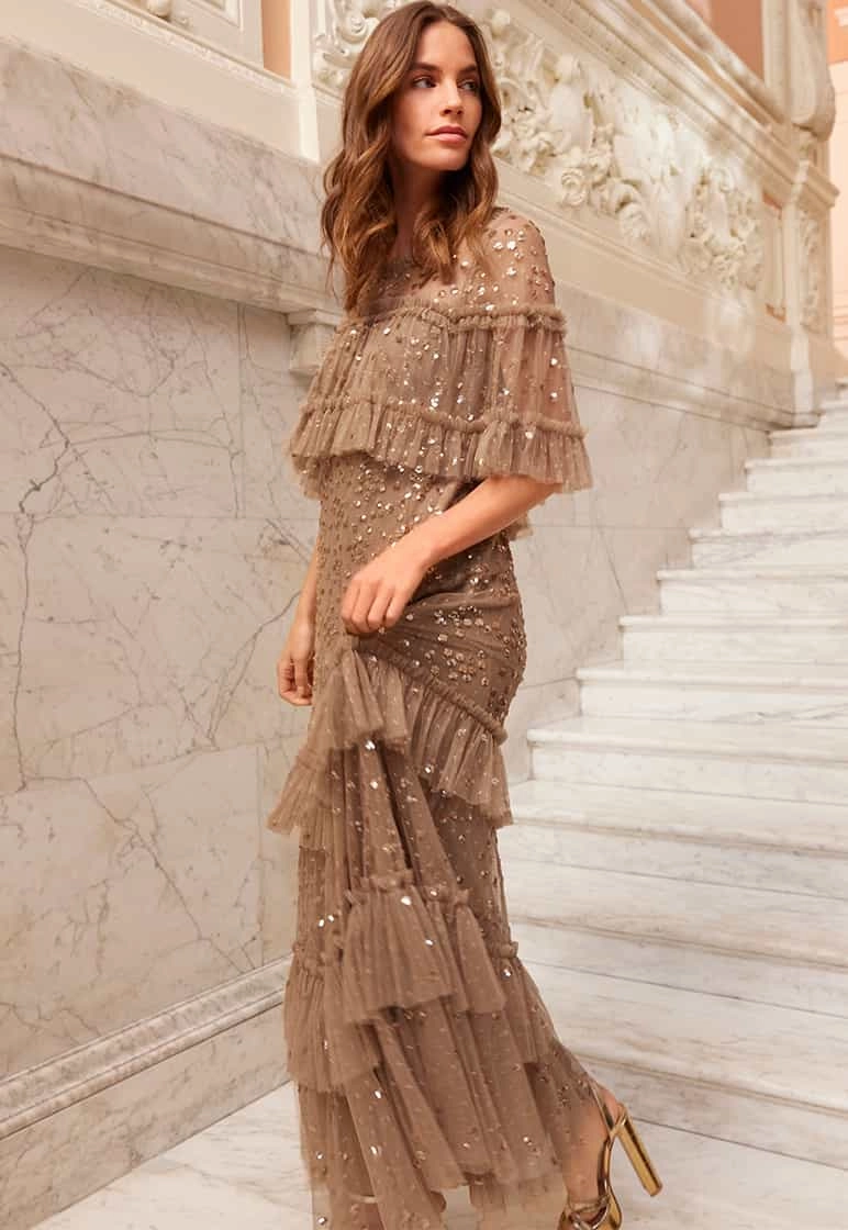 Leila Dot Tiered Cape Ankle Gown Warm Undertone