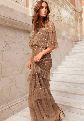 Leila Dot Tiered Cape Ankle Gown Warm Undertone