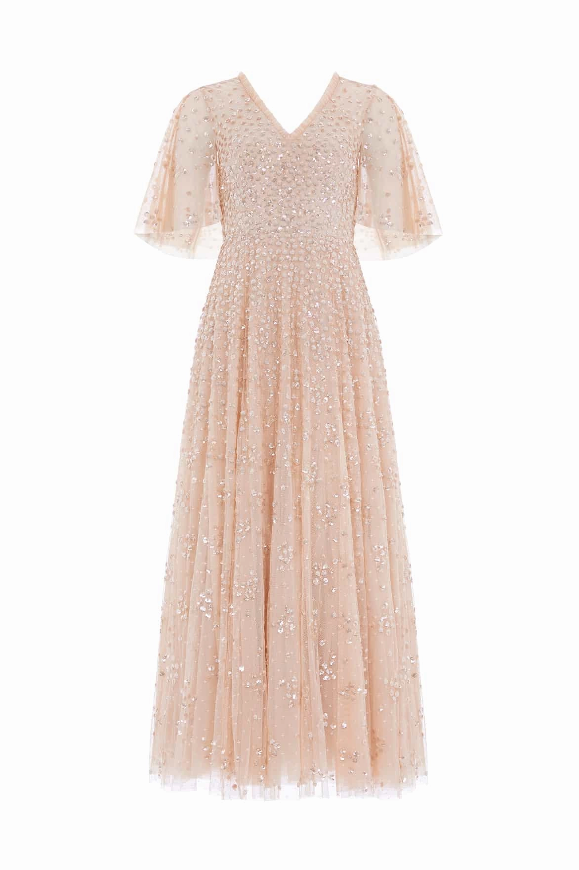 Leila Dot V-Neck Cape Ankle Gown Luxe Look Soft Detail