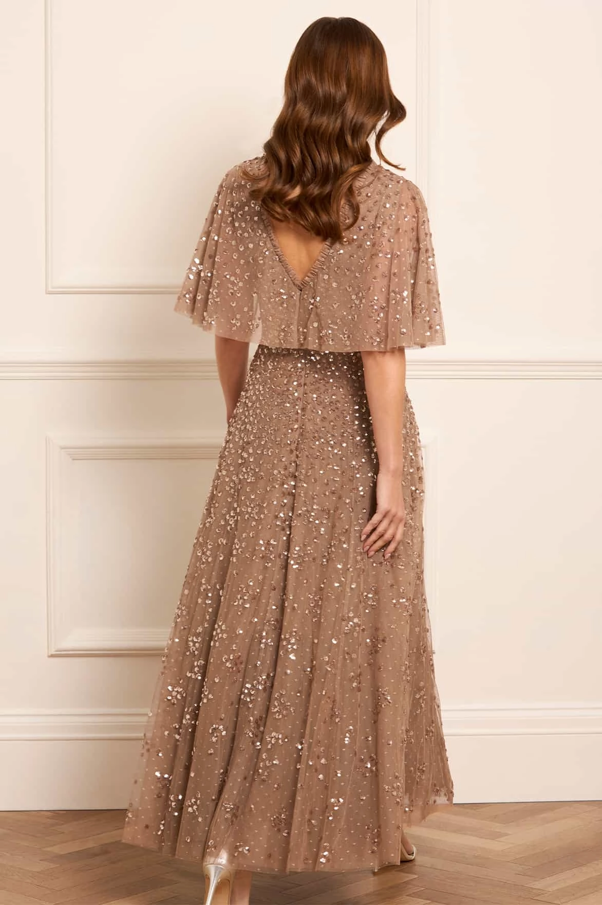 Leila Dot V-Neck Cape Ankle Gown Back-Zip