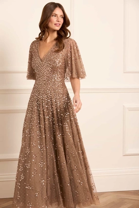 Leila Dot V-Neck Cape Ankle Gown Soft Fashion