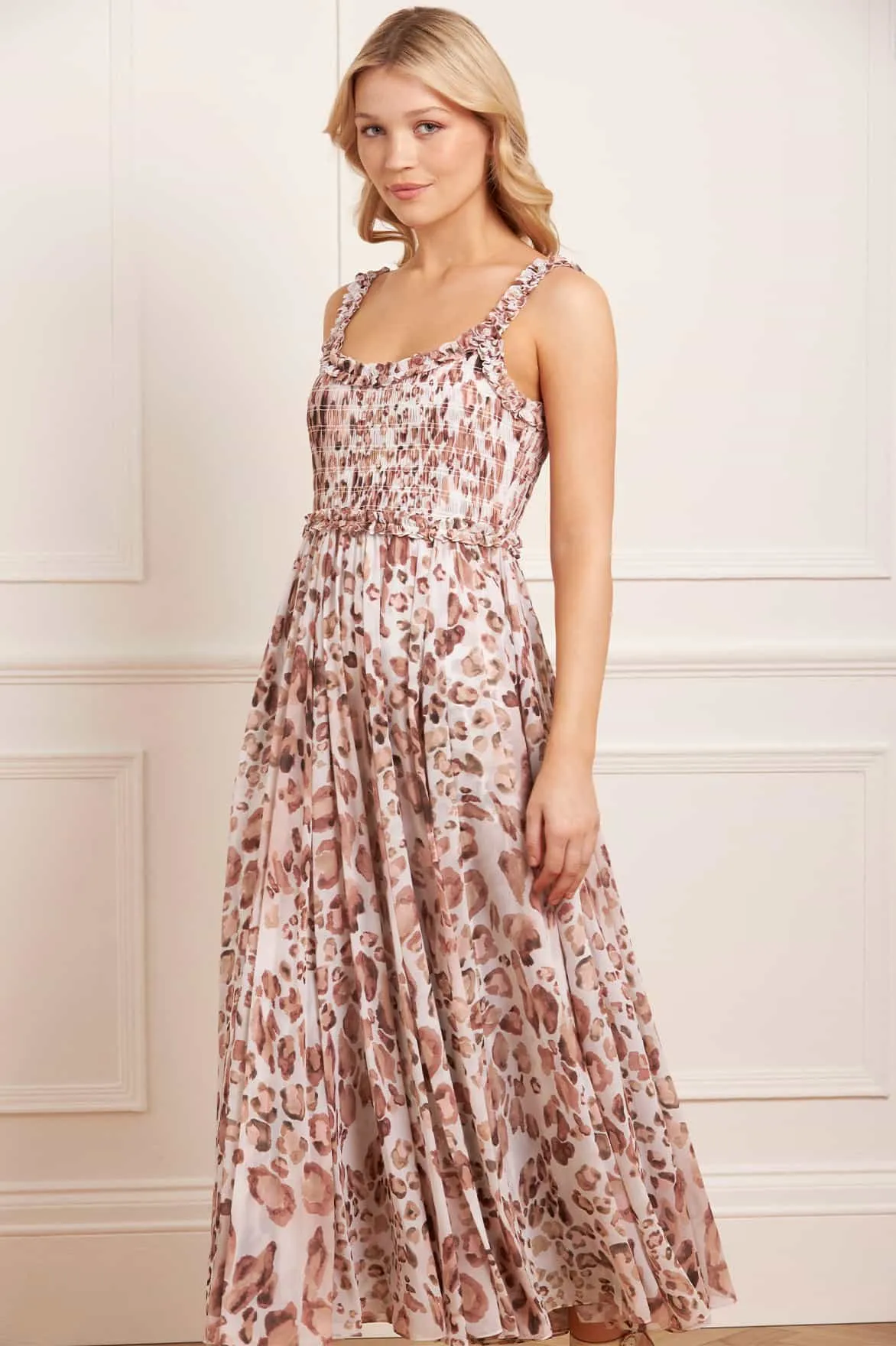 Smart Style Silky Touch Leopard Chiffon Smocked Cami Ankle Gown